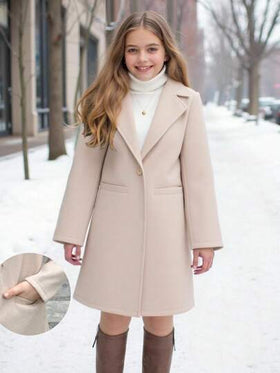 SHEIN Serisse Kids معطف متوسط الطول مع جيب وياقة كلاسيكية مناسب للبنات المراهقات، مناسب للأسبوع، الخروجات العادية، العودة إلى المدرسة، الخريف/الشتاء، معطف بنات، معطف بنات، معطف مراهقات، معطف بنات شتوي