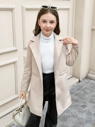 SHEIN Serisse Kids معطف متوسط الطول مع جيب وياقة كلاسيكية مناسب للبنات المراهقات، مناسب للأسبوع، الخروجات العادية، العودة إلى المدرسة، الخريف/الشتاء، معطف بنات، معطف بنات، معطف مراهقات، معطف بنات شتوي
