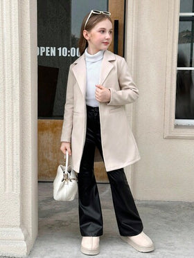 SHEIN Serisse Kids معطف متوسط الطول مع جيب وياقة كلاسيكية مناسب للبنات المراهقات، مناسب للأسبوع، الخروجات العادية، العودة إلى المدرسة، الخريف/الشتاء، معطف بنات، معطف بنات، معطف مراهقات، معطف بنات شتوي