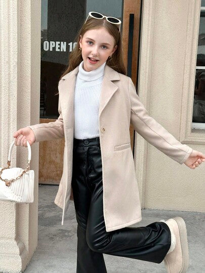 SHEIN Serisse Kids معطف متوسط الطول مع جيب وياقة كلاسيكية مناسب للبنات المراهقات، مناسب للأسبوع، الخروجات العادية، العودة إلى المدرسة، الخريف/الشتاء، معطف بنات، معطف بنات، معطف مراهقات، معطف بنات شتوي