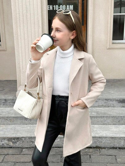 SHEIN Serisse Kids معطف متوسط الطول مع جيب وياقة كلاسيكية مناسب للبنات المراهقات، مناسب للأسبوع، الخروجات العادية، العودة إلى المدرسة، الخريف/الشتاء، معطف بنات، معطف بنات، معطف مراهقات، معطف بنات شتوي