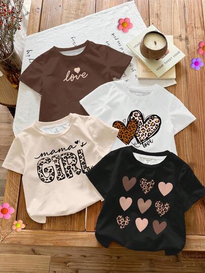 SHEIN 4 قطع/مجموعة تيشيرت كاجوال بناتي بطبعات بسيطة للفهد والقلب وعبارة "بنت الأم" بياقة دائرية وأكمام قصيرة، باللون الأبيض الكريمي، مناسب للربيع/الصيف