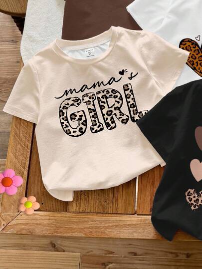 SHEIN 4 قطع/مجموعة تيشيرت كاجوال بناتي بطبعات بسيطة للفهد والقلب وعبارة "بنت الأم" بياقة دائرية وأكمام قصيرة، باللون الأبيض الكريمي، مناسب للربيع/الصيف
