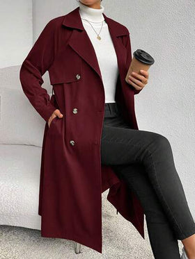 SHEIN Essnce معطف طويل أنيق بأكمام طويلة وحزام مزدوج الصدر بلون واحد