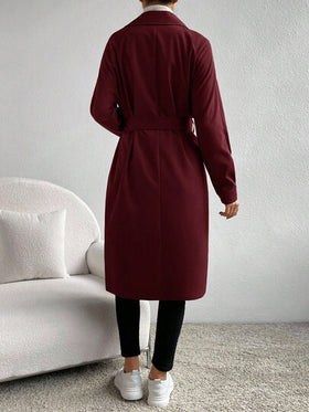 SHEIN Essnce معطف طويل أنيق بأكمام طويلة وحزام مزدوج الصدر بلون واحد
