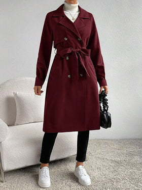 SHEIN Essnce معطف طويل أنيق بأكمام طويلة وحزام مزدوج الصدر بلون واحد