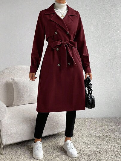 SHEIN Essnce معطف طويل أنيق بأكمام طويلة وحزام مزدوج الصدر بلون واحد