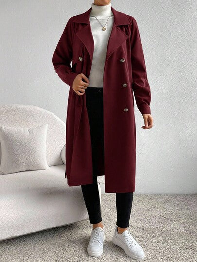 SHEIN Essnce معطف طويل أنيق بأكمام طويلة وحزام مزدوج الصدر بلون واحد