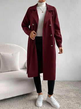 SHEIN Essnce معطف طويل أنيق بأكمام طويلة وحزام مزدوج الصدر بلون واحد