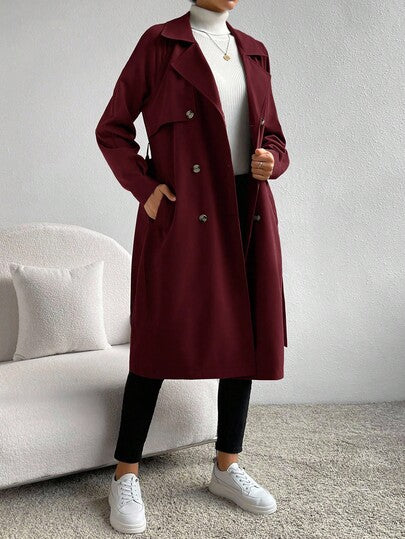 SHEIN Essnce معطف طويل أنيق بأكمام طويلة وحزام مزدوج الصدر بلون واحد
