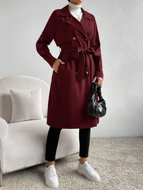 SHEIN Essnce معطف طويل أنيق بأكمام طويلة وحزام مزدوج الصدر بلون واحد