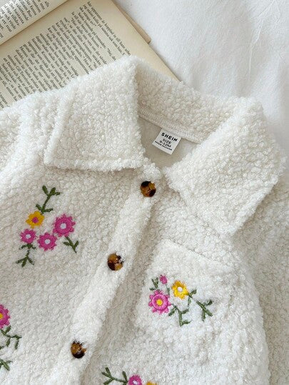 SHEIN مجموعة بنطلون وكارديجان مطرز بالزهور للبنات الصغار، 2 قطعة، موضة وشاملة للخريف/الشتاء