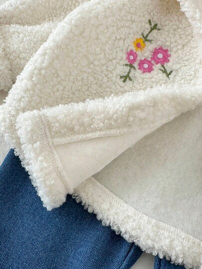SHEIN مجموعة بنطلون وكارديجان مطرز بالزهور للبنات الصغار، 2 قطعة، موضة وشاملة للخريف/الشتاء