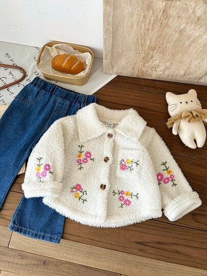 SHEIN مجموعة بنطلون وكارديجان مطرز بالزهور للبنات الصغار، 2 قطعة، موضة وشاملة للخريف/الشتاء