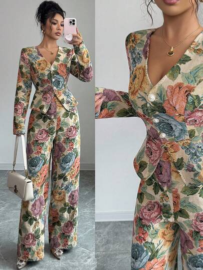 SHEIN Elenzya بدلة نسائية أنيقة من الجاكار غير المطاطي، خريف/شتاء