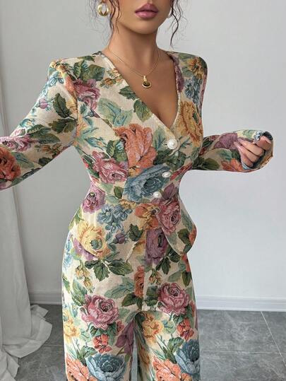 SHEIN Elenzya بدلة نسائية أنيقة من الجاكار غير المطاطي، خريف/شتاء