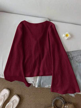 SHEIN LUNE ملابس علوية نسائي كاجوال بأكمام واسعة وربطة عنق، لون أحمر داكن، أحمر ، أحمر غامق، ملابس كوتاجكور، ملابس علوية أحمر للنساء، كاجوال