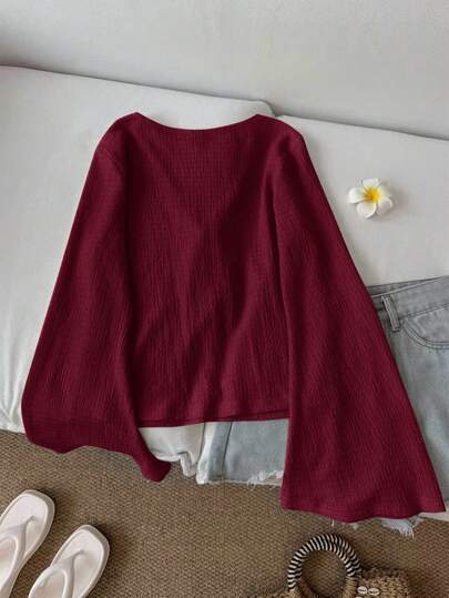 SHEIN LUNE ملابس علوية نسائي كاجوال بأكمام واسعة وربطة عنق، لون أحمر داكن، أحمر ، أحمر غامق، ملابس كوتاجكور، ملابس علوية أحمر للنساء، كاجوال