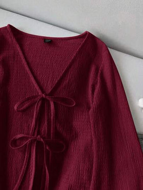 SHEIN LUNE ملابس علوية نسائي كاجوال بأكمام واسعة وربطة عنق، لون أحمر داكن، أحمر ، أحمر غامق، ملابس كوتاجكور، ملابس علوية أحمر للنساء، كاجوال