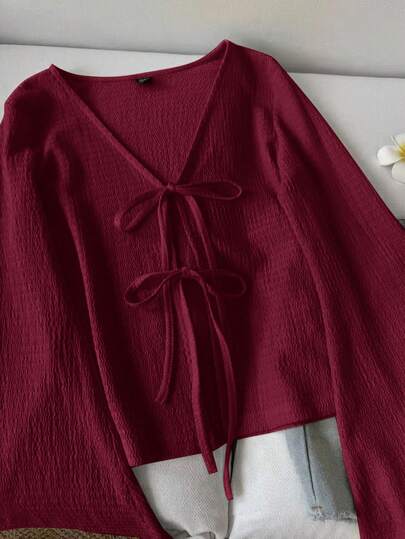 SHEIN LUNE ملابس علوية نسائي كاجوال بأكمام واسعة وربطة عنق، لون أحمر داكن، أحمر ، أحمر غامق، ملابس كوتاجكور، ملابس علوية أحمر للنساء، كاجوال