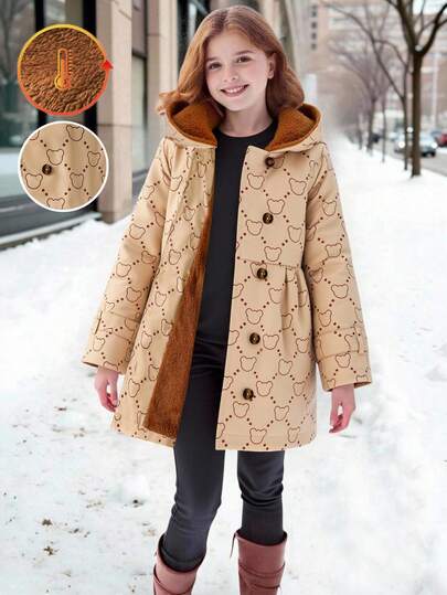 Elladie kids معطف أنيق مبطن حراريًا بنمط الدب الخاكي ذو قلنسوة مزدوج الصدر، مناسب للاستخدام اليومي الكاجوال في فصل الشتاء، للفتيات الصغيرات