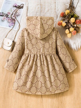 Elladie kids معطف أنيق مبطن حراريًا بنمط الدب الخاكي ذو قلنسوة مزدوج الصدر، مناسب للاستخدام اليومي الكاجوال في فصل الشتاء، للفتيات الصغيرات