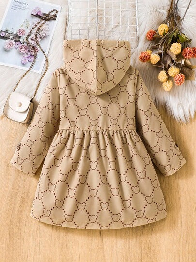 Elladie kids معطف أنيق مبطن حراريًا بنمط الدب الخاكي ذو قلنسوة مزدوج الصدر، مناسب للاستخدام اليومي الكاجوال في فصل الشتاء، للفتيات الصغيرات