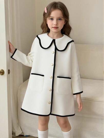 Elladie kids 1 قطعة جاكيت أنيق وكاجوال مريح للفتاة الصغيرة، بياقة متباينة وأزرار أمامية وجيوب وأكمام طويلة، مناسب للارتداء اليومي في فصلي الخريف والشتاء