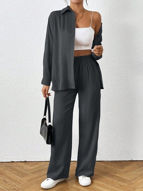 SHEIN PETITE بذلة رسمية كاجوال موضب من بنطلون وقميص أكمام طويلة أحادي الصدر، لون واحد,موسم الخريف، 2 قطعة