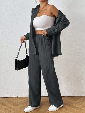 SHEIN PETITE بذلة رسمية كاجوال موضب من بنطلون وقميص أكمام طويلة أحادي الصدر، لون واحد,موسم الخريف، 2 قطعة