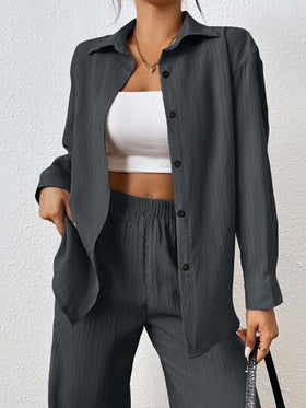SHEIN PETITE بذلة رسمية كاجوال موضب من بنطلون وقميص أكمام طويلة أحادي الصدر، لون واحد,موسم الخريف، 2 قطعة