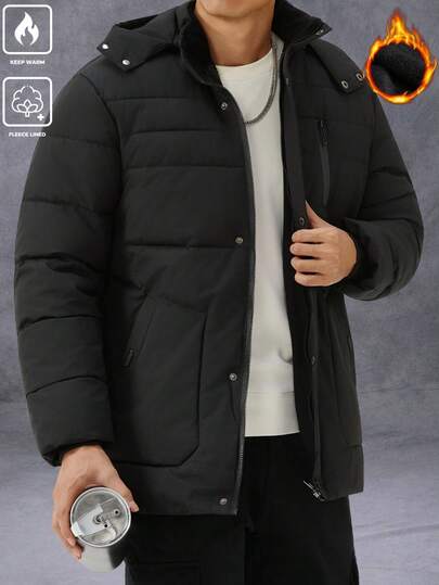 Manfinity Homme معطف مبطن سميك بأكمام طويلة مع غطاء قابل للإزالة، مقاوم للبرد، للخريف/الشتاء