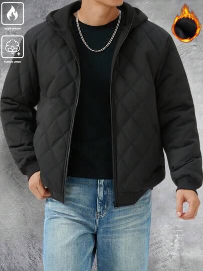 Manfinity Homme معطف شتوي رجالي بسحاب أمامي مبطن حراريًا بقلنسوة، ملابس شتوية للرجال، معطف مبطن حراريًا، معطف رجالي بسحاب، جاكيت شارع رجالي، ملابس خارجية رجالية