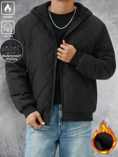 Manfinity Homme معطف شتوي رجالي بسحاب أمامي مبطن حراريًا بقلنسوة، ملابس شتوية للرجال، معطف مبطن حراريًا، معطف رجالي بسحاب، جاكيت شارع رجالي، ملابس خارجية رجالية