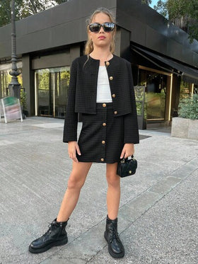 SHEIN مجموعة جاكيت كاجوال يومية للفتيات المراهقات من نوفاجلو، بنسيج مُحبَّر باللون الأسود