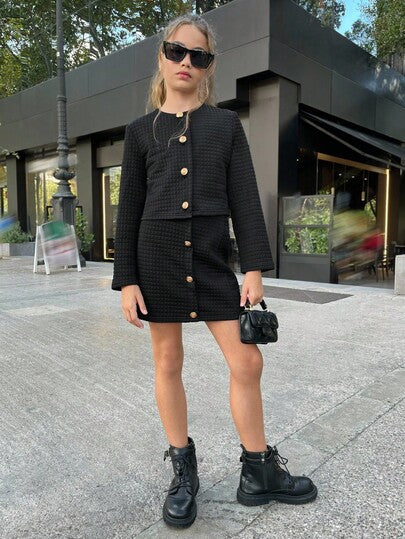 SHEIN مجموعة جاكيت كاجوال يومية للفتيات المراهقات من نوفاجلو، بنسيج مُحبَّر باللون الأسود