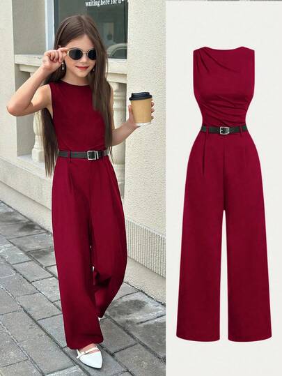 SHEIN Firerie Kids جمبسوت بياقة منخفضة للفتيات المراهقات باللون البرغندي، مناسبة للتنقل واللبس اليومي