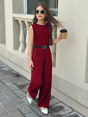 SHEIN Firerie Kids جمبسوت بياقة منخفضة للفتيات المراهقات باللون البرغندي، مناسبة للتنقل واللبس اليومي