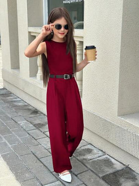 SHEIN Firerie Kids جمبسوت بياقة منخفضة للفتيات المراهقات باللون البرغندي، مناسبة للتنقل واللبس اليومي