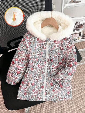 SHEIN Genkimix Kids معطف مبطن بالفرو الصناعي مع كابوشون للبنات، بتصميم ضيق، بسحاب، مناسب للأعمار من 4 إلى 7 سنوات، ملابس خارجية للشتاء