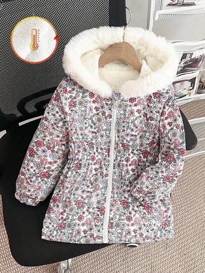 SHEIN Genkimix Kids معطف مبطن بالفرو الصناعي مع كابوشون للبنات، بتصميم ضيق، بسحاب، مناسب للأعمار من 4 إلى 7 سنوات، ملابس خارجية للشتاء