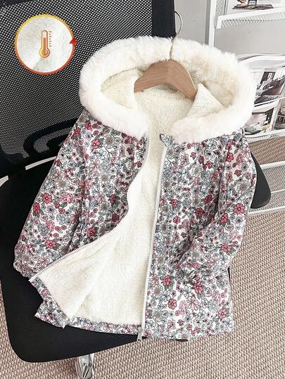 SHEIN Genkimix Kids معطف مبطن بالفرو الصناعي مع كابوشون للبنات، بتصميم ضيق، بسحاب، مناسب للأعمار من 4 إلى 7 سنوات، ملابس خارجية للشتاء