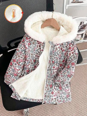 SHEIN Genkimix Kids معطف مبطن بالفرو الصناعي مع كابوشون للبنات، بتصميم ضيق، بسحاب، مناسب للأعمار من 4 إلى 7 سنوات، ملابس خارجية للشتاء