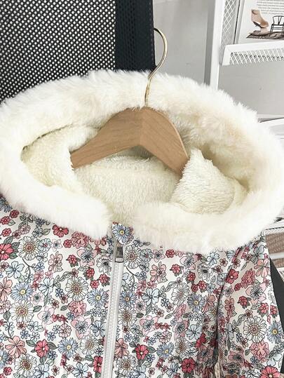 SHEIN Genkimix Kids معطف مبطن بالفرو الصناعي مع كابوشون للبنات، بتصميم ضيق، بسحاب، مناسب للأعمار من 4 إلى 7 سنوات، ملابس خارجية للشتاء