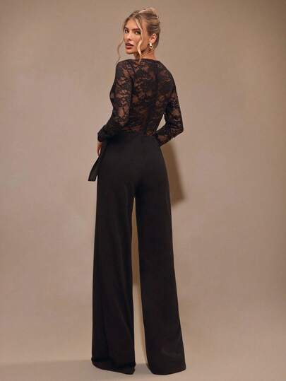 SHEIN BAE جمبسوت طويلة الأكمام من الدانتيل الأسود بياقة عميقة على شكل حرف V، ملابس داخلية أنيقة للنساء، مناسبة للمواعيد اليومية والخروج والحفلات، تصميم ساق واسع غير متماثل، جمبسوت أنيقة للخريف/الشتاء
