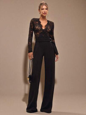SHEIN BAE جمبسوت طويلة الأكمام من الدانتيل الأسود بياقة عميقة على شكل حرف V، ملابس داخلية أنيقة للنساء، مناسبة للمواعيد اليومية والخروج والحفلات، تصميم ساق واسع غير متماثل، جمبسوت أنيقة للخريف/الشتاء