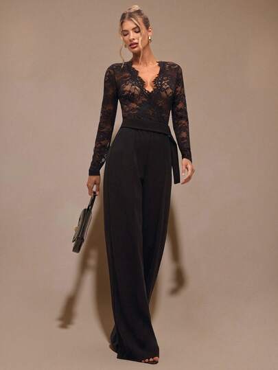 SHEIN BAE جمبسوت طويلة الأكمام من الدانتيل الأسود بياقة عميقة على شكل حرف V، ملابس داخلية أنيقة للنساء، مناسبة للمواعيد اليومية والخروج والحفلات، تصميم ساق واسع غير متماثل، جمبسوت أنيقة للخريف/الشتاء