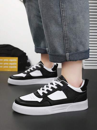 أحذية سكيت بسيطة سوداء وبيضاء مرقعة بأربطة، أحذية رياضية كاجوال عصرية للتنقل اليومي، المشي، الأزواج، الترفيه، الرياضة