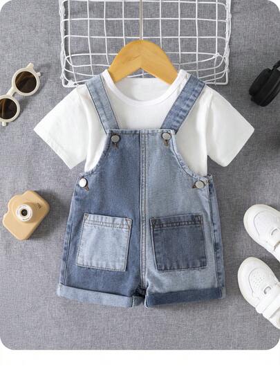 SHEIN جمبسوت قصيرة جينز أزرق فضفاضة بألوان جذابة للأطفال الصغار، ملابس صيفية