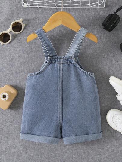 SHEIN جمبسوت قصيرة جينز أزرق فضفاضة بألوان جذابة للأطفال الصغار، ملابس صيفية
